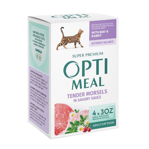 OptiMeal Beef & Rabbit Wet Cat Food 3oz. 4 pouch pk.